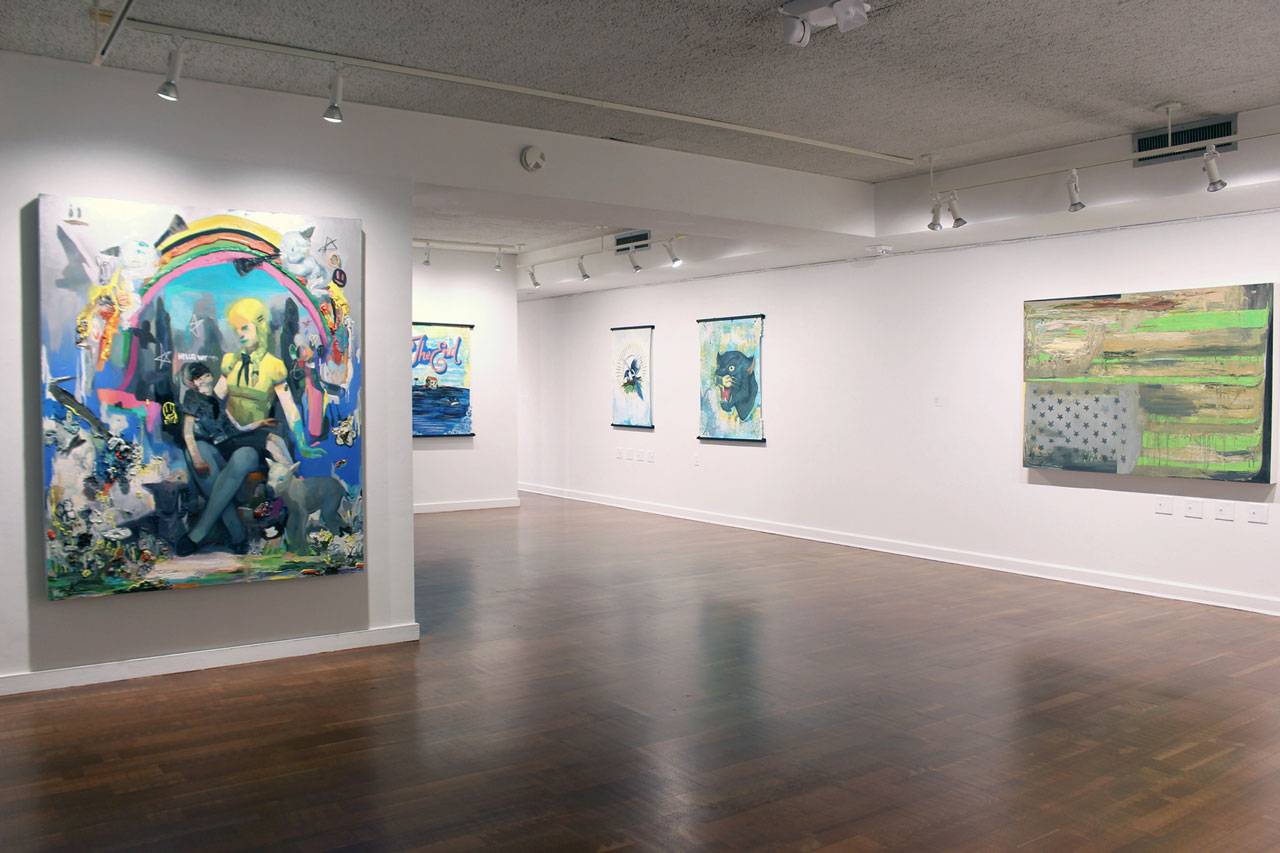 Installation images from New Art Faculty and Faculty Biennial, 2019, featuring Corey Lamb (foreground) and Joseph Velasquez (background)