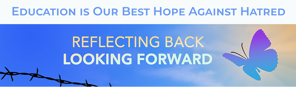 Reflecting Back Looking Forward Graphic with barbed wire, blue sky and butterfly