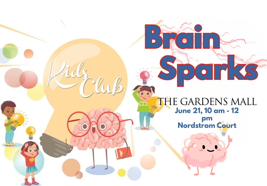 Illustration of light bulbs and brain characters, children, and words Brain Sparks