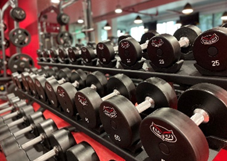 Fitness center with barebells against a mirror