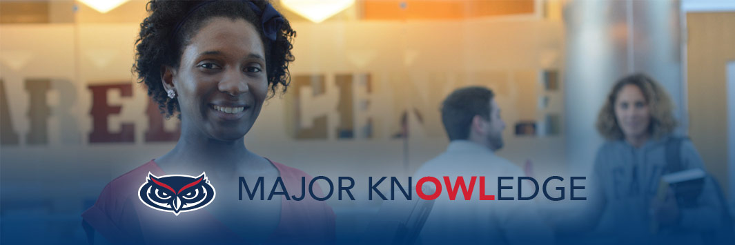 Smiling woman with an owl logo and 