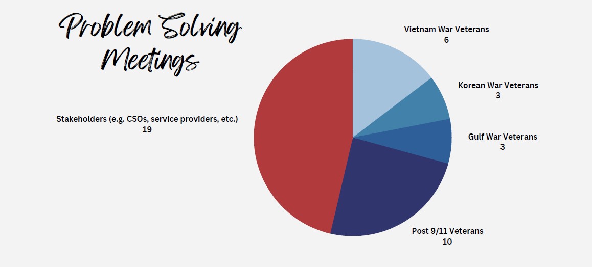 pie chart of Problem Solving Meetings, data: Stakeholders (e.g. CSOs, service providers, etc.) 19, Vietnam War Veterans 6, Korean War Veterans 3, Gulf War Veterans 3, Post 9/11 Veterans 10