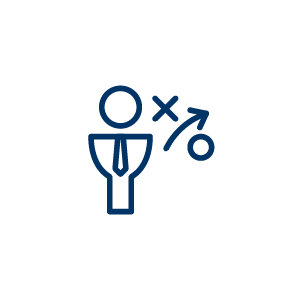 Icon showing person next to x and o with arrow going in between symbolizing strategy