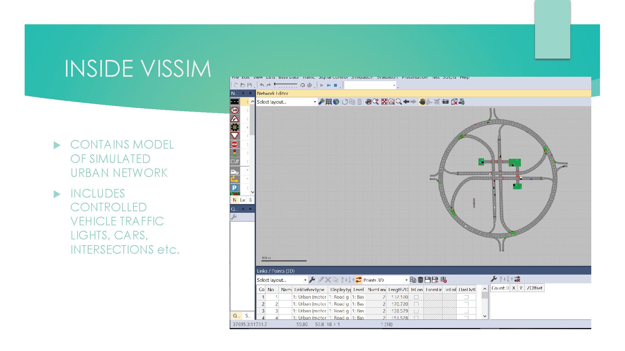 Slide 5: Details about VISSIM simulation components including urban network model and traffic elements