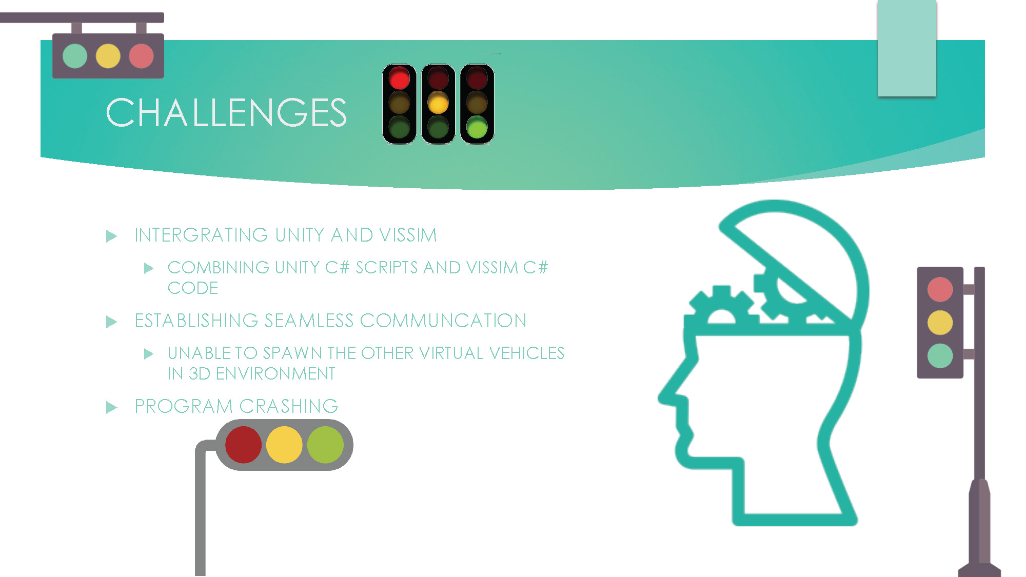 Slide 8: Technical challenges encountered during development including integration and communication issues