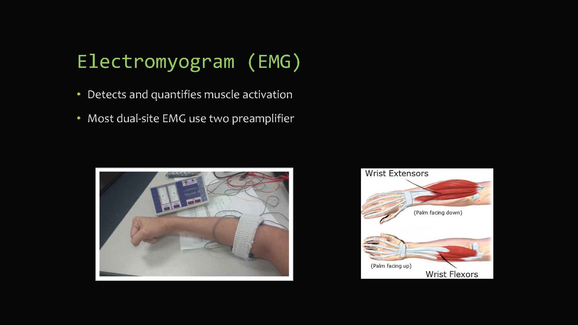 Slide 5: Electromyogram (EMG) explanation and technical details