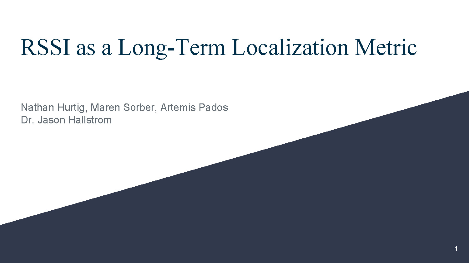 Slide 1: Title slide presenting RSSI as a Long-Term Localization Metric research by Nathan Hurtig, Maren Sorber, Artemis Pados under Dr. Jason Hallstrom