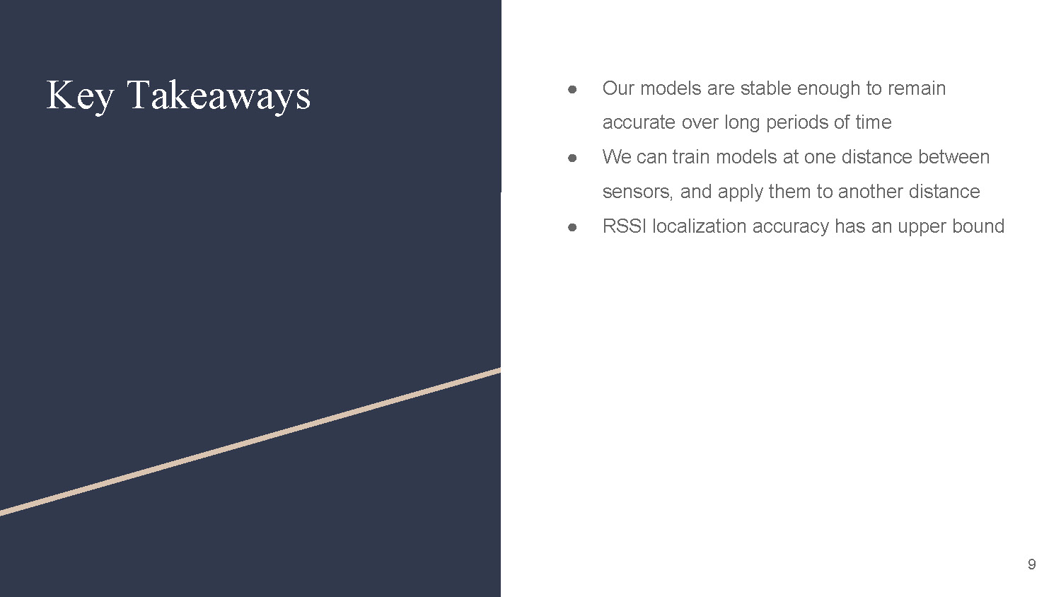 Slide 9: Key Takeaways highlighting model stability and distance flexibility with RSSI localization accuracy bounds