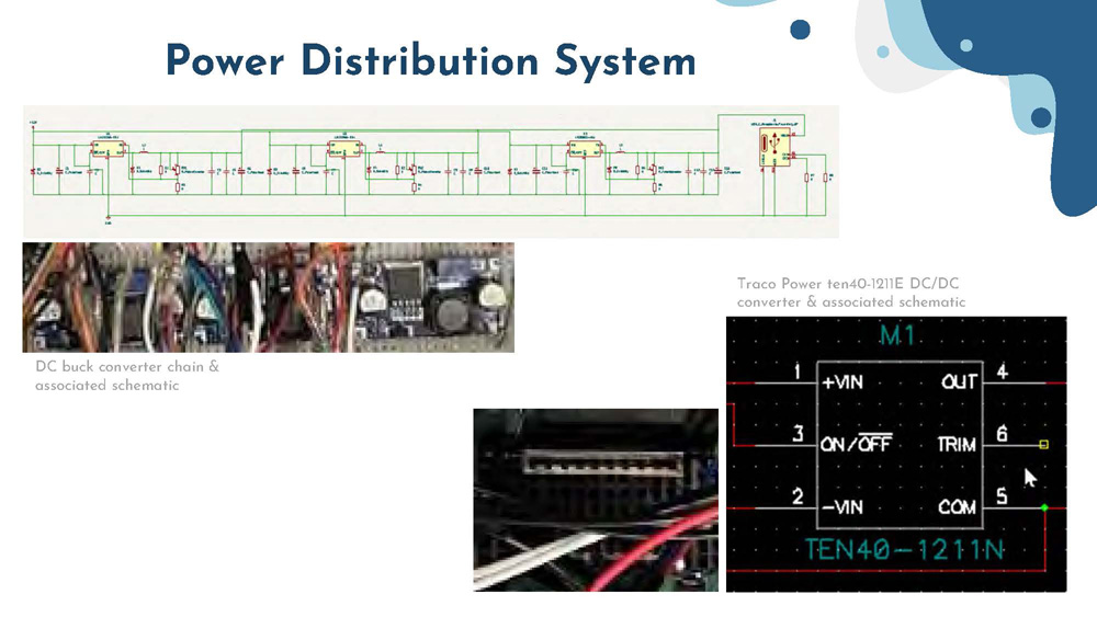 Slide 12: Power Distribution System showing DC buck converter chain and Traco Power converter schematics