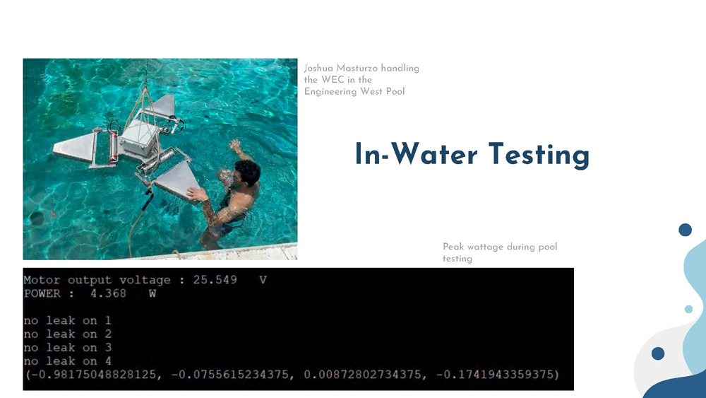Slide 17: In-Water Testing showing peak wattage graph and Joshua Masturzo handling the WEC in pool