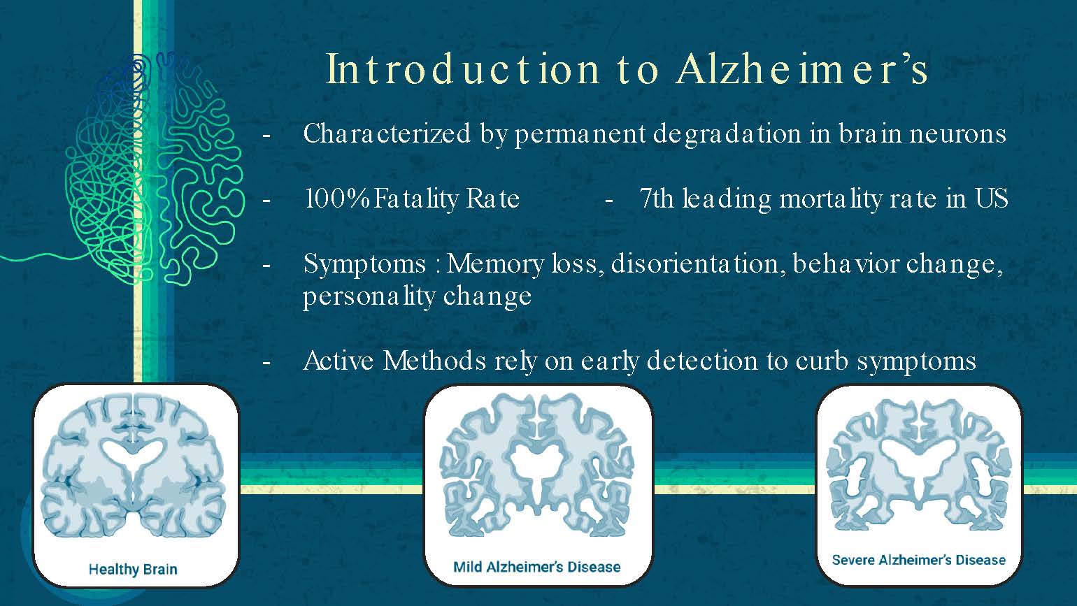 Slide 5: Introduction to Alzheimer's disease characteristics, symptoms, and detection methods