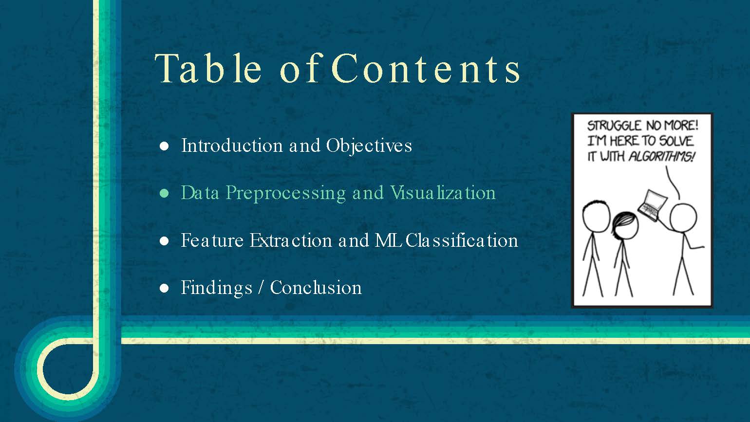Slide 6: Table of contents repeated showing focus on data preprocessing and visualization section