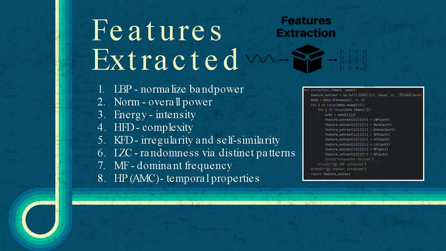 Slide 14: List of eight extracted features including LBP, Norm, Energy, HFD, KFD, LZC, MF, and HP