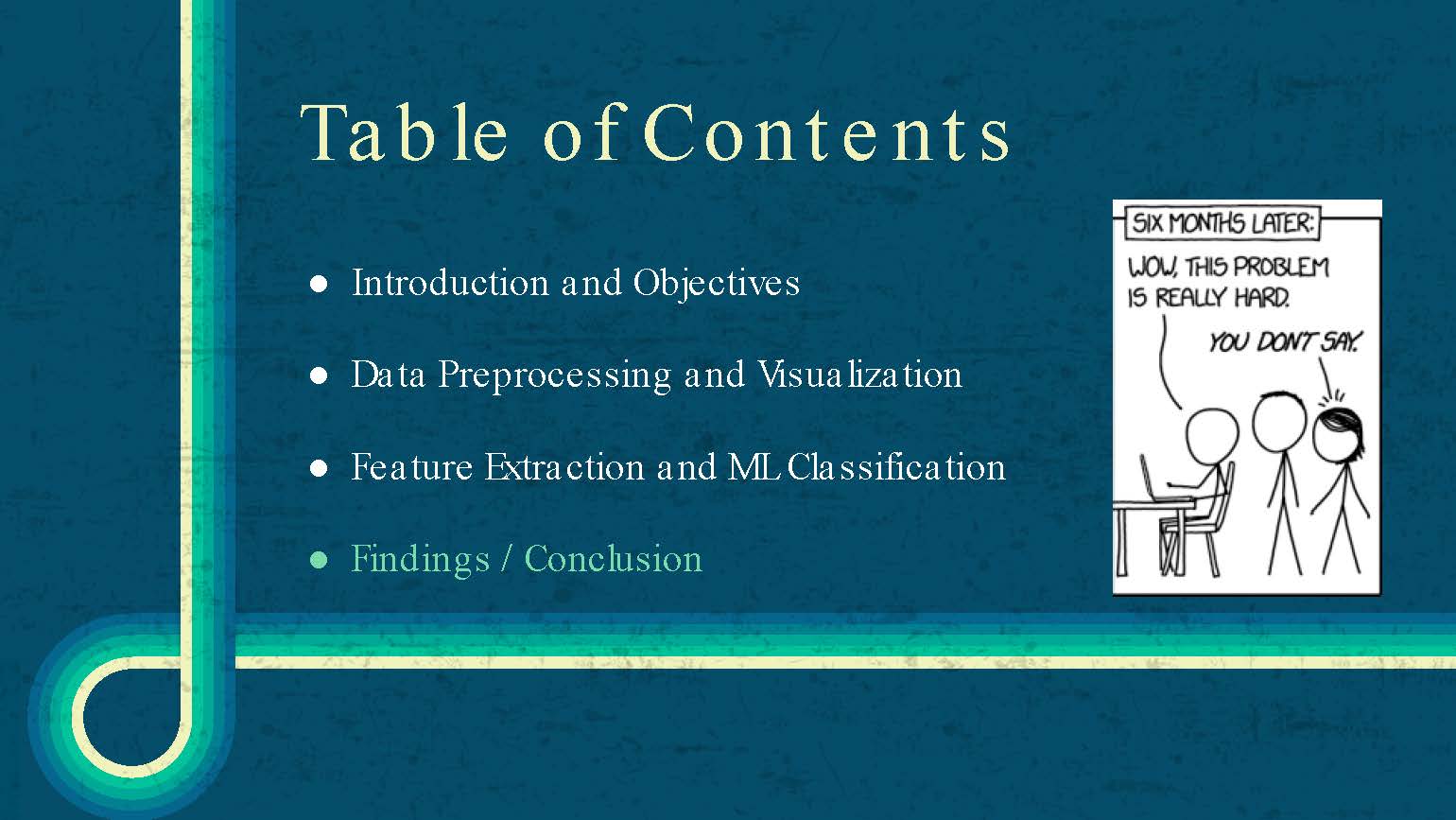 Slide 16: Table of contents highlighting findings and conclusion section