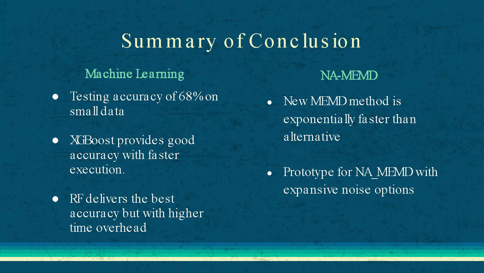 Slide 19: Summary of conclusions for both machine learning results and NA-MEMD algorithm performance