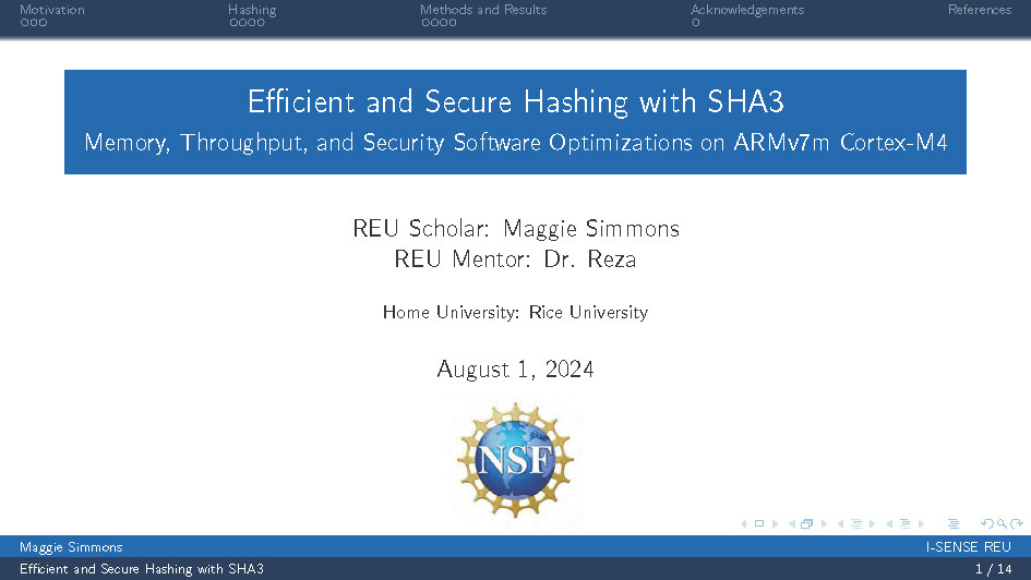 Slide 1: Title slide for presentation on Efficient and Secure Hashing with SHA3