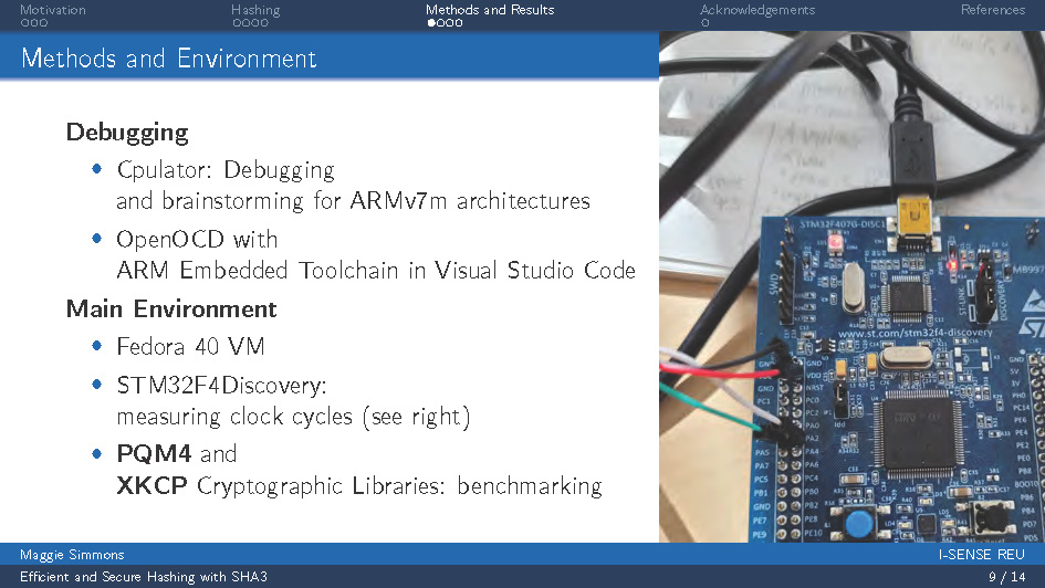 Slide 9: Methods and Environment including debugging tools and main testing environment with STM32F4Discovery board