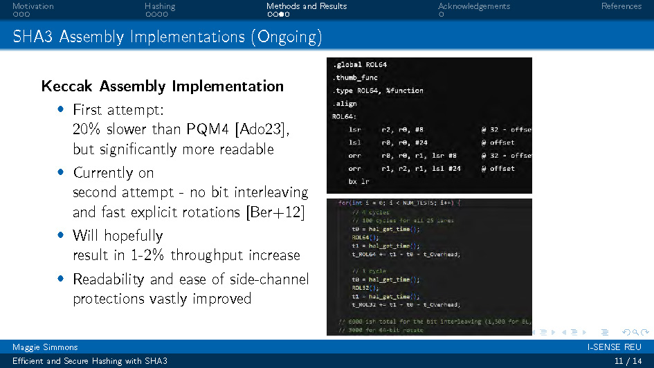 Slide 11: SHA3 Assembly Implementations describing ongoing work and optimization attempts