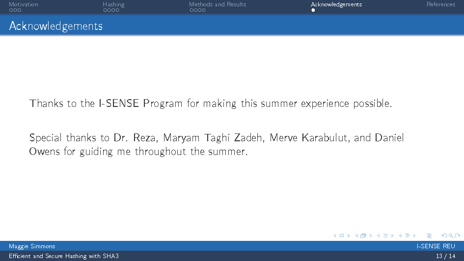 Slide 13: Acknowledgements thanking the I-SENSE Program and mentors
