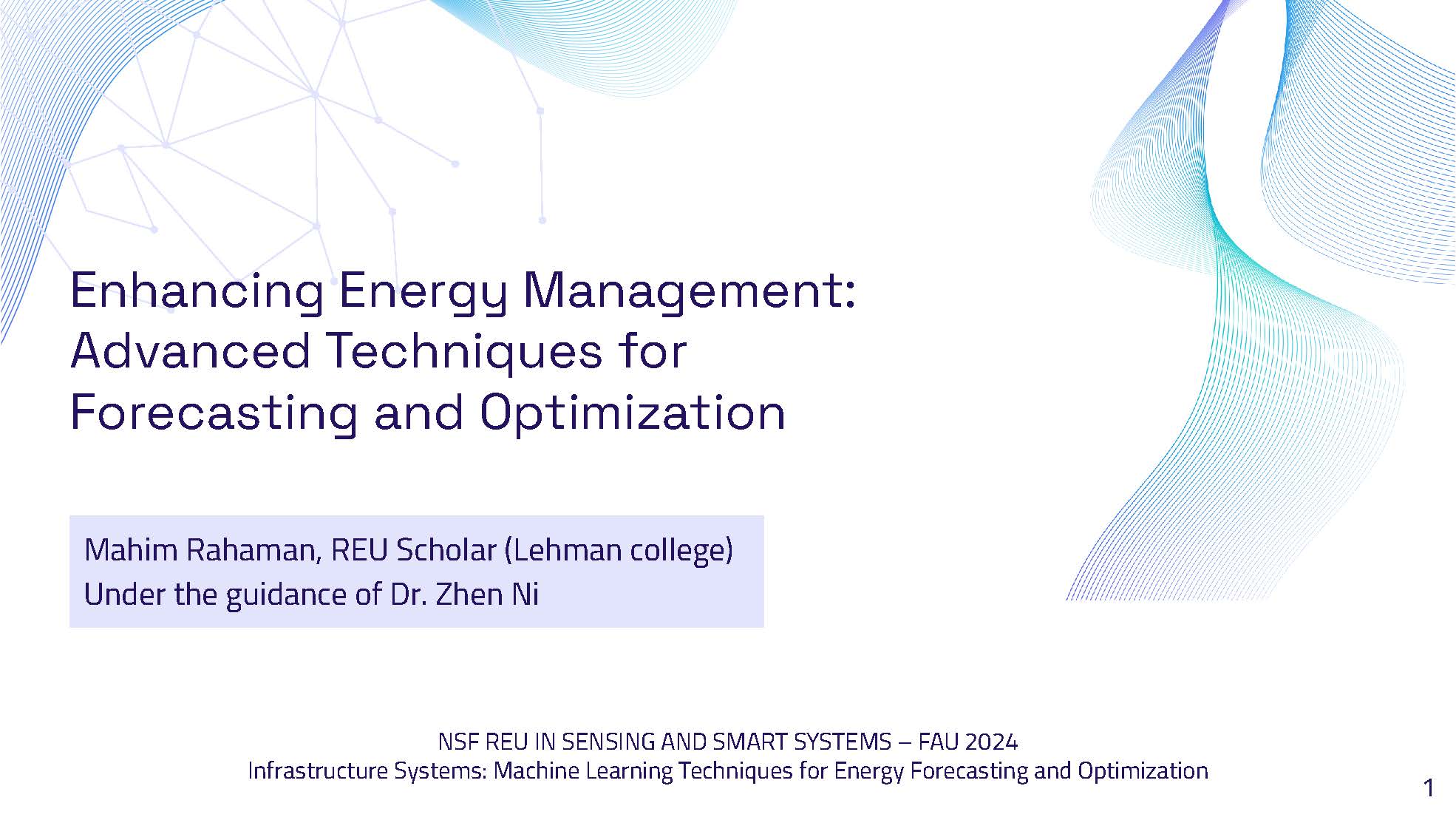 Slide 1: Title slide presenting Enhancing Energy Management: Advanced Techniques for Forecasting and Optimization