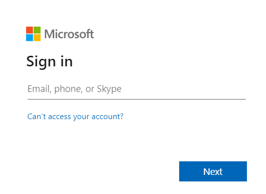 Microsoft sign in screen
