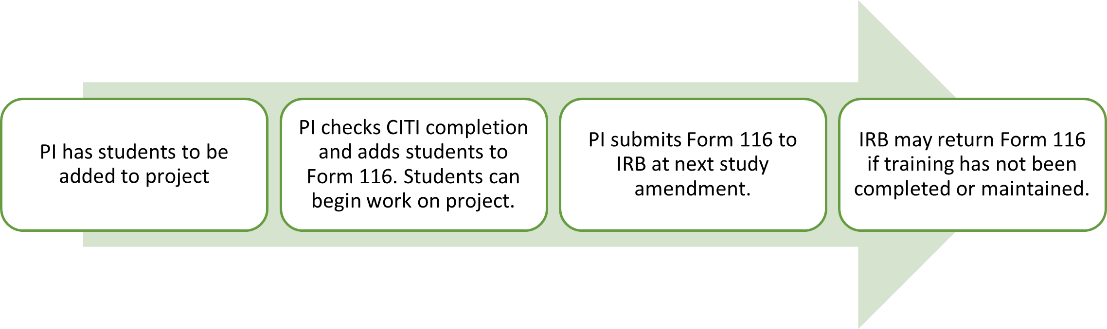 Flowchart showing the 4-step IRB process for adding students: 1. PI identifies students, 2. PI verifies CITI training and adds to Form 116 (students may start work), 3. PI submits Form 116 during the next study amendment, 4. IRB reviews and may return the form if training is incomplete.