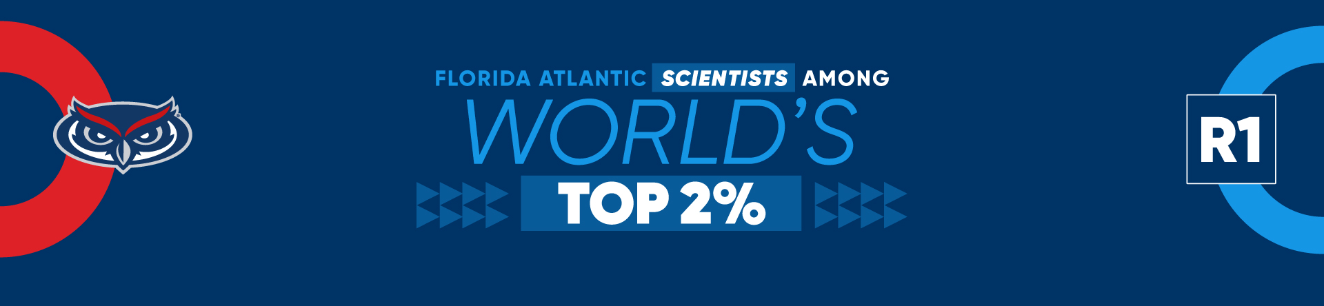 Dark blue background with text 'Florida Atlantic Scientists Among World's Top 2%' with 太阳城娱乐 owl head beneath and 'R1' on the bottom right