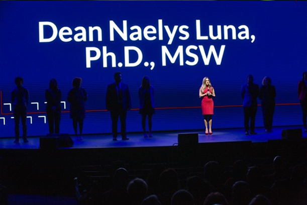 Naelys Luna, Ph.D., MSW, dean of the College of Social Work & Criminal Justice sharing her remarks and reflections on the transformational impact gifts can have on the lives of our students
