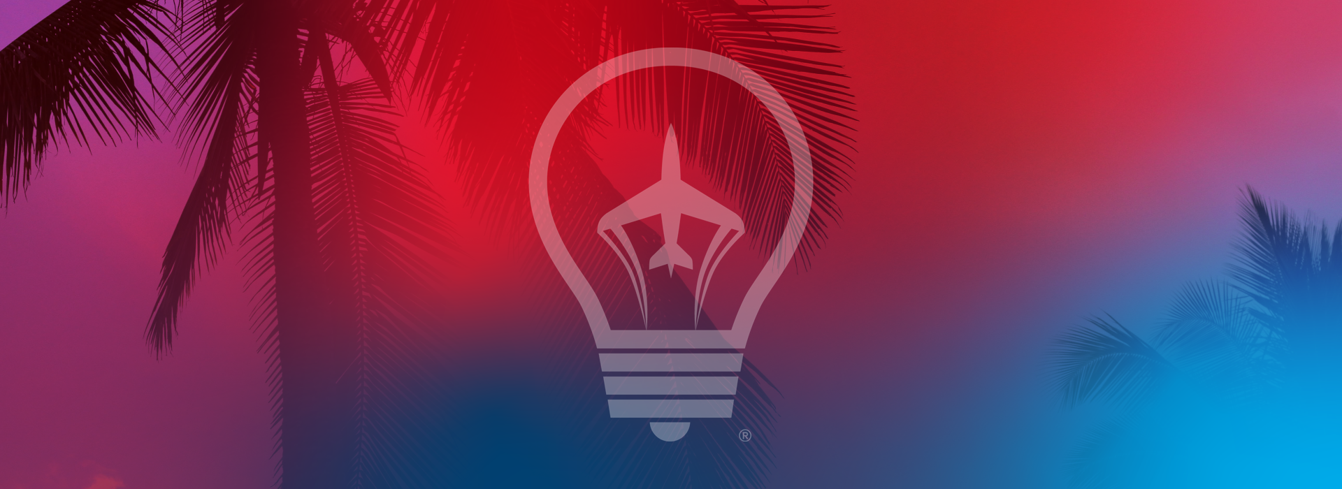 airplane/lightbulb logo on red/blue gradient background with palm trees
